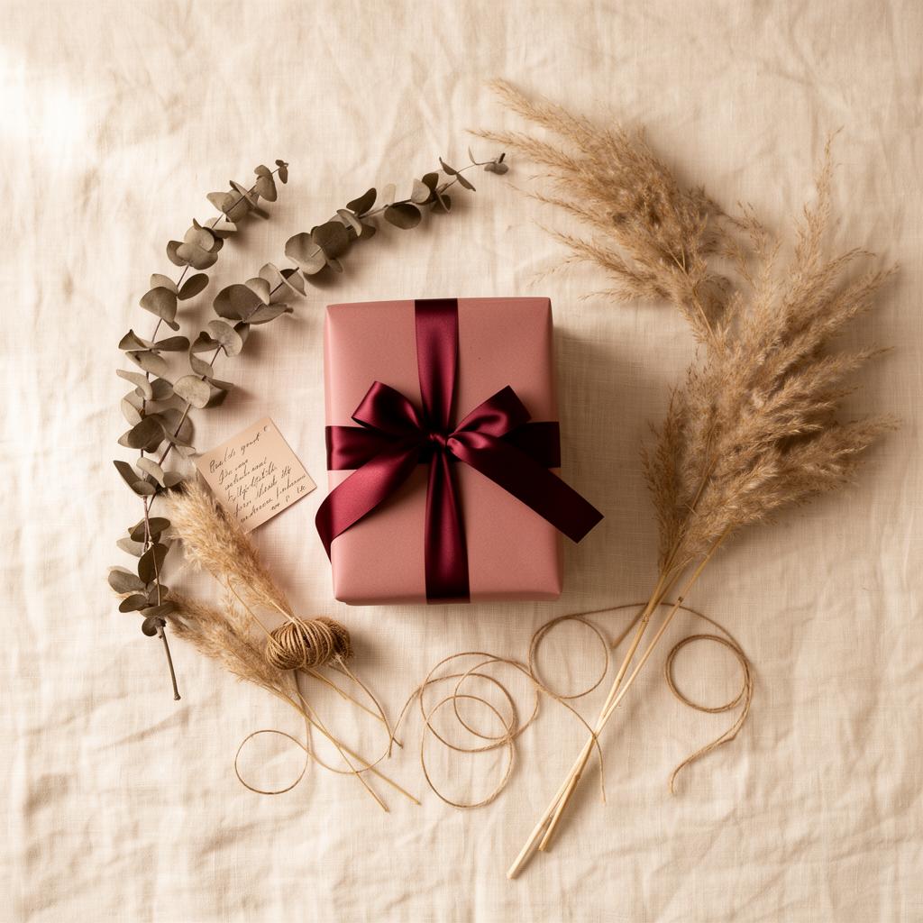 A cream and dusty rose gift box tied with a maroon silk ribbon, beside eucalyptus and a dried bloom on warm linen.